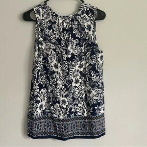 Rafaella Navy Blue and White Tropical Floral Print Split V Neck Sleeveless Top